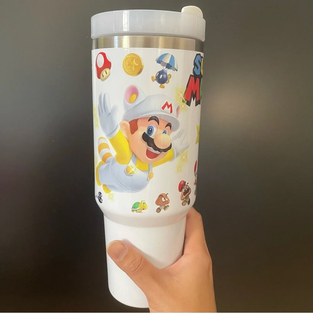 Custom 40 oz Tumbler Nintendo Super Mario Bros tumbler with hand carry handle.